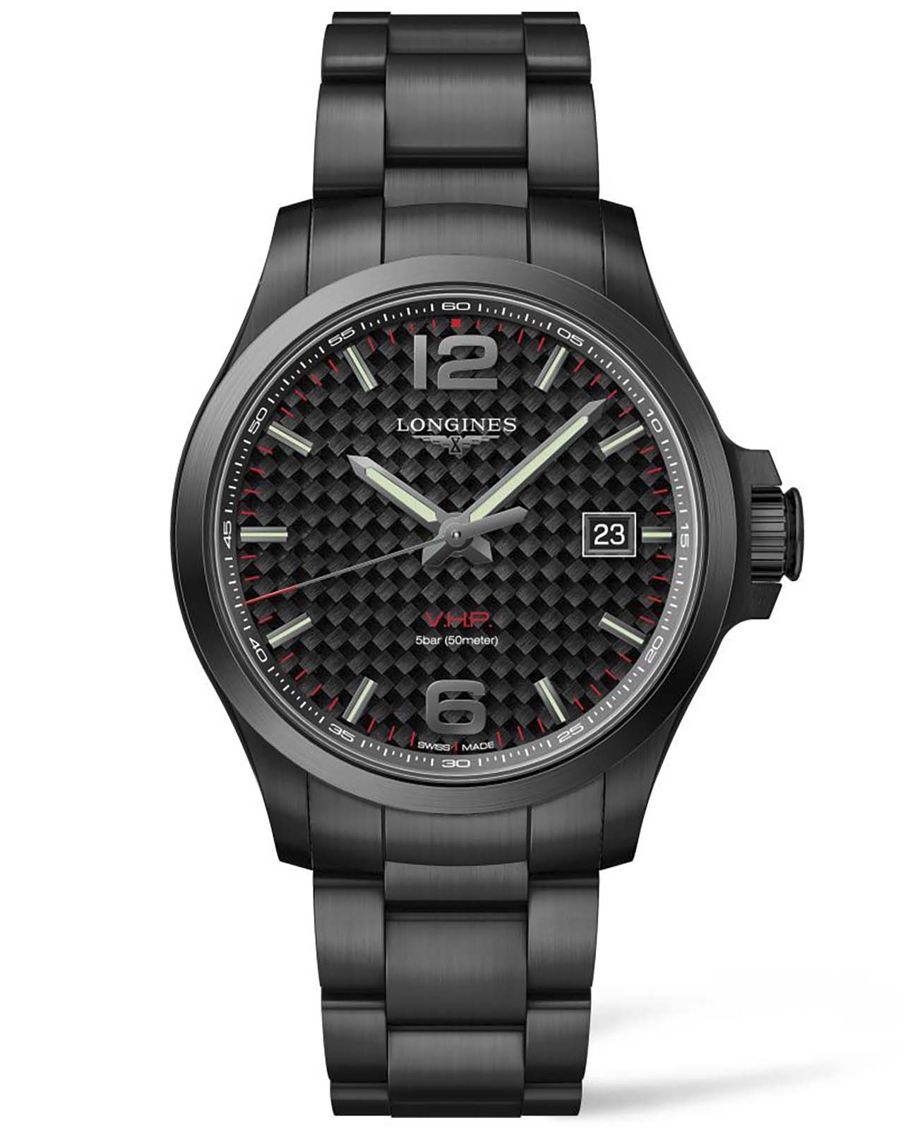 Longines Longines Conquest V.H.P. L3.726.2.66.6  L37262666 кварцевые мужские часы черный циферблат, браслет сталь c pvd покрытием — вид спереди